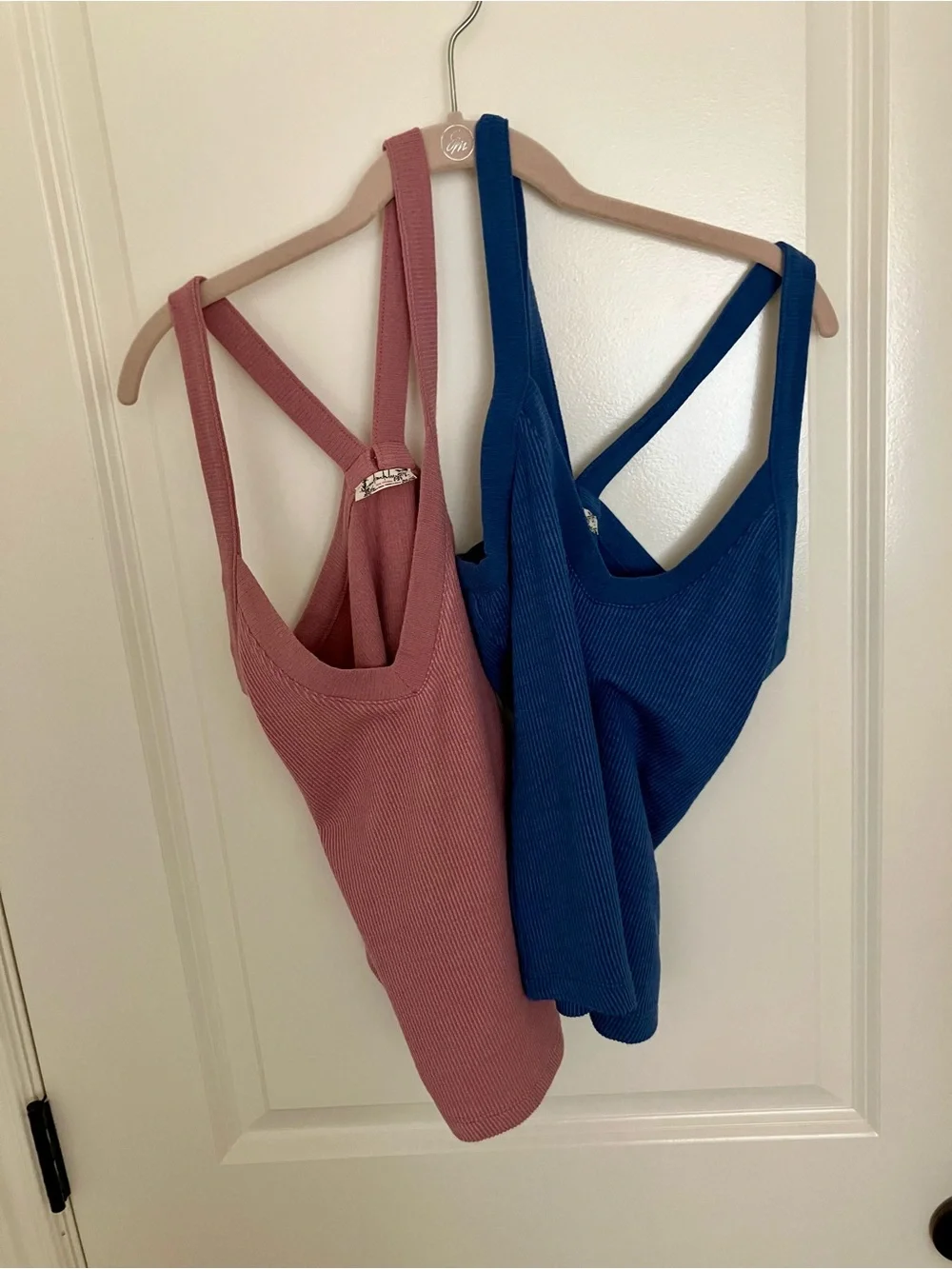 Free People, That Easy Tank, Ribbed V-Neck Tank Tops in Mauve and Denim Blue, S